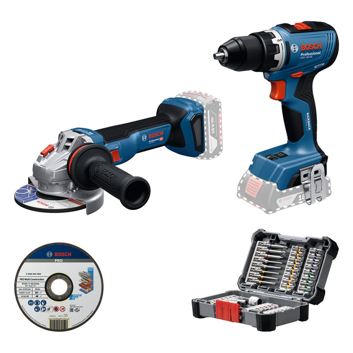 BOSCH GSR 18V-65 + GWS 18V-11+ disk za sečenje + bitovi - Combi komplet 18V GSR18V-65+GWS18V-11+AC (0615A50091)-SBT Alati Beograd
