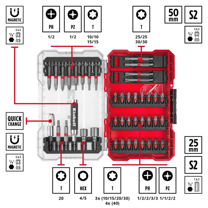 EINHELL - M-Case 42-del set bitova 25-50mm, 1/4" 25-50mm bit, 2xmag. Nastavak - (49118953)-SBT Alati Beograd
