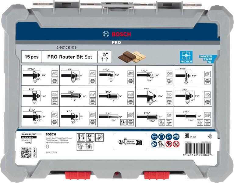 BOSCH Kombinovani set PRO glodala, prihvat 1/4″, 15 delova - Set glodala 15 kom Mixed 1/4" prihvat (2607017473)-SBT Alati Beograd