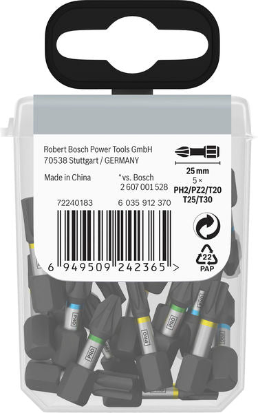 BOSCH PRO Impact set nastavaka za odvrtač, PH2 (×5), PZ2 (×5), T20 (×5), T25 (×5), T30 (×5), 25 mm, sa prozorčićem, 10×25 kom. - Komplet umetaka uvrtača PRO Impact Set (2608521U63)-SBT Alati Beograd