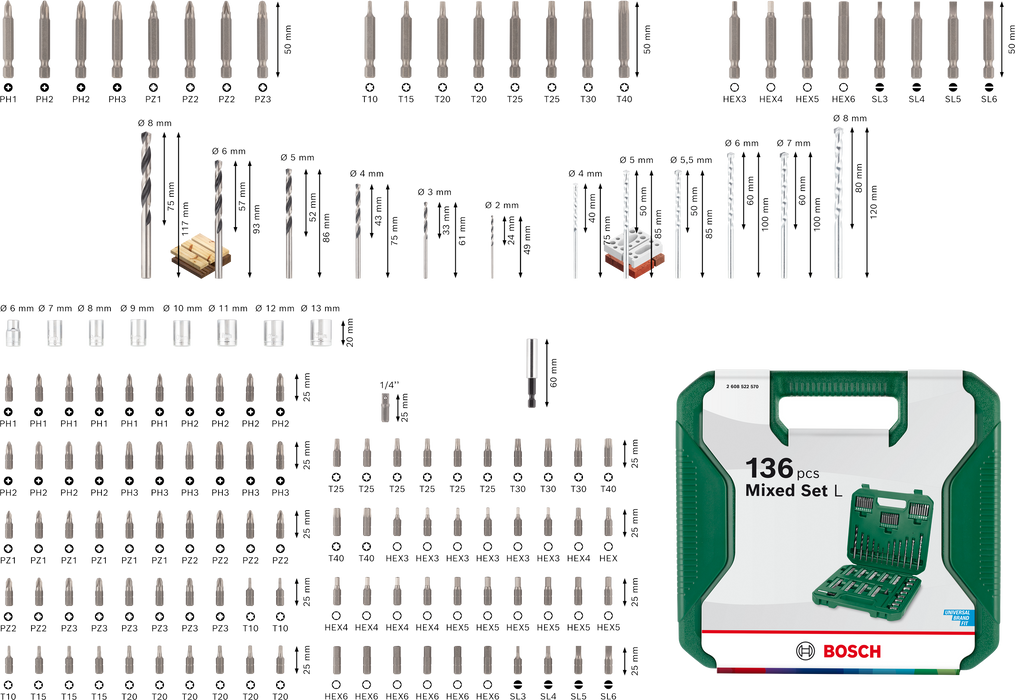 BOSCH Kombinovani set L, 136 kom. - Komplet pribora 136pc DIY Mix Set NW (2608522570)