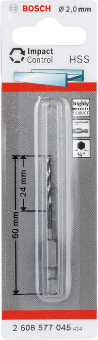 Bosch HSS spiralna burgija sa šestostranim prihvatom 2,0mm 2 x 24 x 60 mm pakovanje od 1 komada - 2608577045