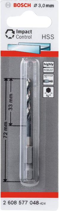 Bosch HSS spiralna burgija sa šestostranim prihvatom 3,0mm 3 x 33 x 72 mm pakovanje od 1 komada - 2608577048