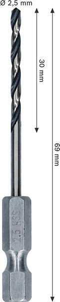 BOSCH Metal HSS spiralna burgija, 2,5×30×69 mm, HEX prihvat od 1/4 inča - Spiralna burgija HSS PointTeQ, 2.5mm (2608577864)-SBT Alati Beograd