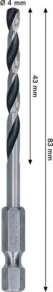 BOSCH Metal HSS spiralna burgija, 4×43×83 mm, HEX prihvat od 1/4 inča - Spiralna burgija HSS PointTeQ, 4mm (2608577869)-SBT Alati Beograd