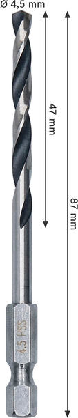 BOSCH Metal HSS spiralna burgija, 4,5×47×87 mm, HEX prihvat od 1/4 inča - Spiralna burgija HSS PointTeQ, 4.5mm (2608577871)-SBT Alati Beograd