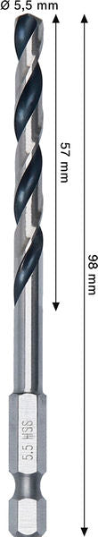 BOSCH Metal HSS spiralna burgija, 5,5×57×98 mm, HEX prihvat od 1/4 inča - Spiralna burgija HSS PointTeQ, 5.5mm (2608577873)-SBT Alati Beograd