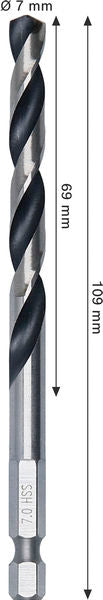 BOSCH Metal HSS spiralna burgija, 7×69×109 mm, HEX prihvat od 1/4 inča - Spiralna burgija HSS PointTeQ, 7mm (2608577877)-SBT Alati Beograd
