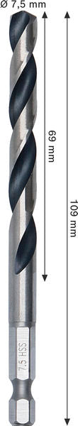 BOSCH Metal HSS spiralna burgija, 7,5×69×109 mm, HEX prihvat od 1/4 inča - Spiralna burgija HSS PointTeQ, 7.5mm (2608577878)-SBT Alati Beograd