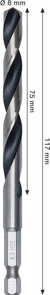 BOSCH Metal HSS spiralna burgija, 8×75×117 mm, HEX prihvat od 1/4 inča - Spiralna burgija HSS PointTeQ, 8mm (2608577879)-SBT Alati Beograd