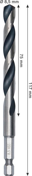 BOSCH Metal HSS spiralna burgija, 8,5×75×117 mm, HEX prihvat od 1/4 inča - Spiralna burgija    HSS PointTeQ, 8.5mm (2608577880)