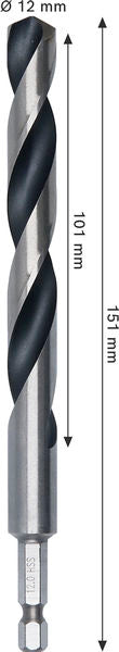 BOSCH Metal HSS spiralna burgija, 12×101×151 mm, HEX prihvat od 1/4 inča - Spiralna burgija HSS PointTeQ, 12mm (2608577885)-SBT Alati Beograd