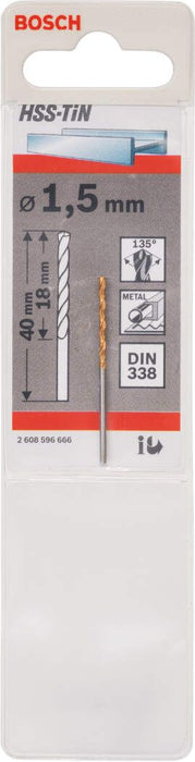 Bosch burgija za metal HSS-TiN, DIN 338 1,5 x 18 x 40 mm pakovanje od 1 komada - 2608596666