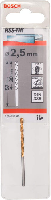 Bosch burgija za metal HSS-TiN, DIN 338 2,5 x 30 x 57 mm pakovanje od 1 komada - 2608596676