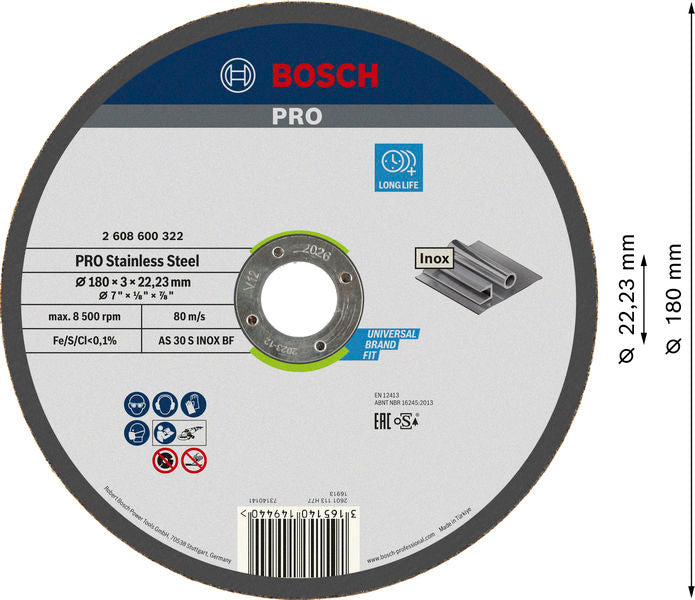 BOSCH PRO Stainless Steel rezna ploča, 180×3×22,23 mm - Rez.ploča ravna AS 30 S INOX BF,180,3 (2608600322)-SBT Alati Beograd