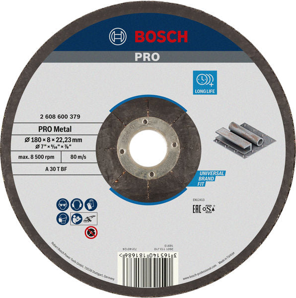 BOSCH PRO Metal lepljeni brusni disk, 180×8×22,23 mm, oSa - Brus.ploča ispupčena-metal A30T BF,180x8 (2608600379)-SBT Alati Beograd