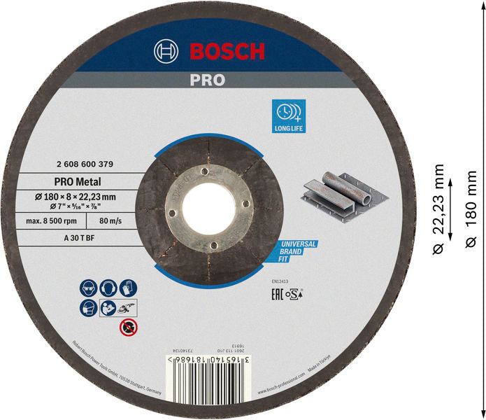 BOSCH PRO Metal lepljeni brusni disk, 180×8×22,23 mm, oSa - Brus.ploča ispupčena-metal A30T BF,180x8 (2608600379)-SBT Alati Beograd