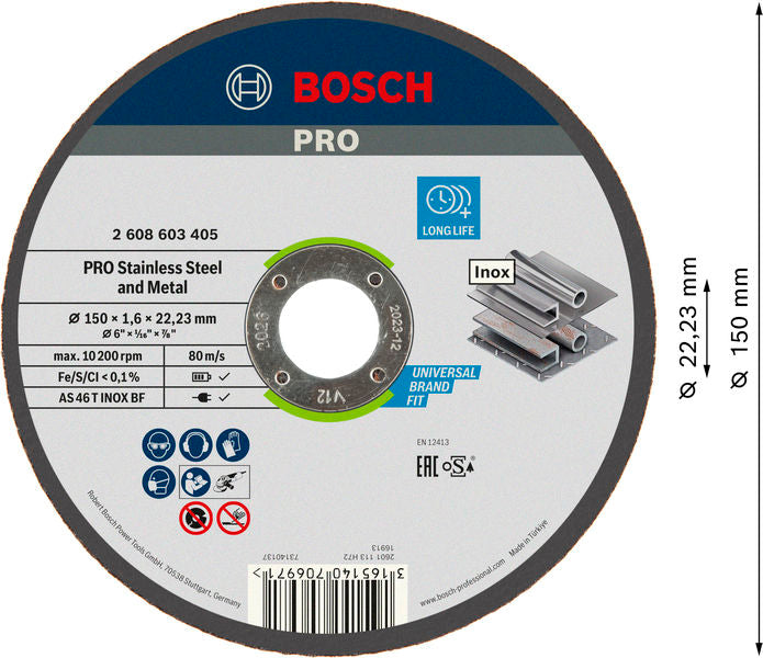 BOSCH PRO Stainless Steel and Metal lepljena rezna ploča, 150×1,6×22,23 mm, ravna, oSa - Br.disk,Expertforinox150X1.6X22.23mm,rav (2608603405)-SBT Alati Beograd