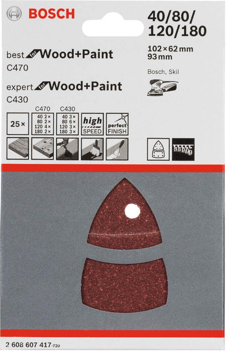 Bosch 25-delni set brusnih listova C470 i C430 102 x 62, 93 mm; 3x40; 6x80; 3x120; 3x180; 2x40; 2x80; 4x120; 2x180 - pakovanje od 25 komada (2608607417)