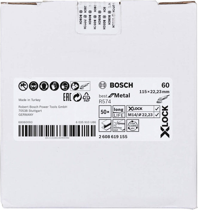Bosch X-LOCK vlaknaste brusne ploče, Ø115 mm, G 60, R574, Best for Metal, 1 komad - 2608619155