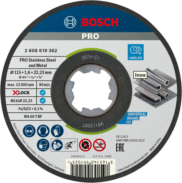 BOSCH PRO Stainless Steel and Metal lepljena rezna ploča, 115×1,6×22,23 mm, X-Lock, ravna - (2608619362)-SBT Alati Beograd