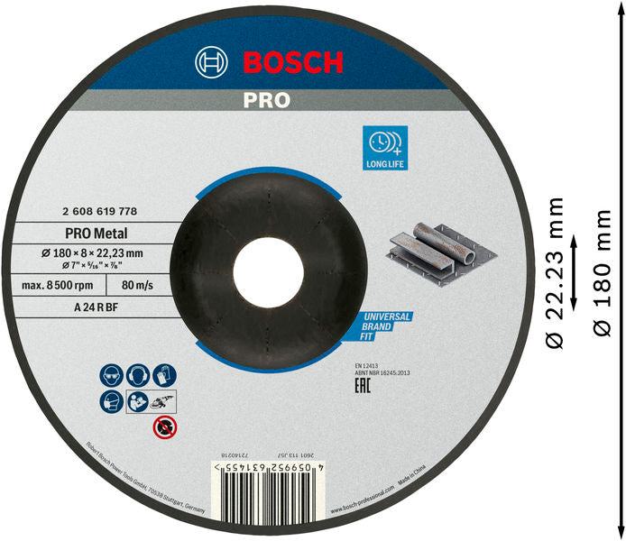 BOSCH PRO Metal lepljeni brusni disk, 180×8×22,23 mm - Brusna ploča izvijena 180x8 mm SfMetal (2608619778)-SBT Alati Beograd