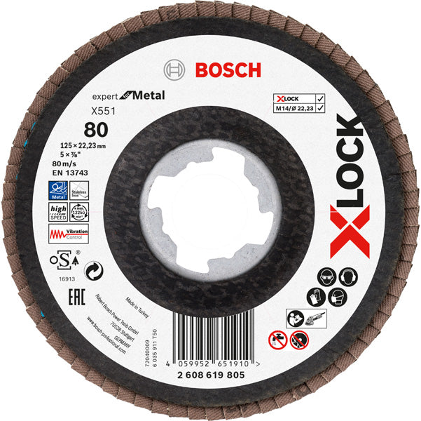 BOSCH X-LOCK lamelna brusna ploča X551, Expert for Metal - X-LOCK flap disk X551 P80 125 mm ugaoni (2608619805)-SBT Alati Beograd