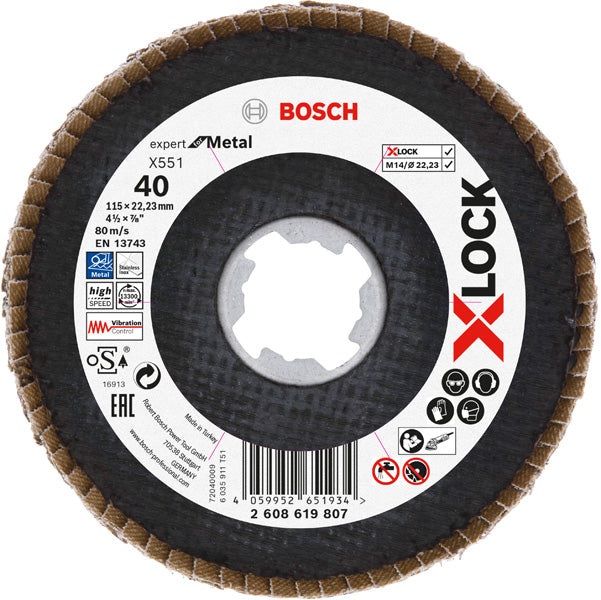 BOSCH X-LOCK lamelna brusna ploča X551, Expert for Metal - X-LOCK flap disk X551 P40 115 mm ugaoni (2608619807)-SBT Alati Beograd