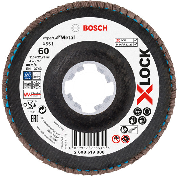BOSCH X-LOCK lamelna brusna ploča X551, Expert for Metal - X-LOCK flap disk X551 P60 115 mm ugaoni (2608619808)-SBT Alati Beograd
