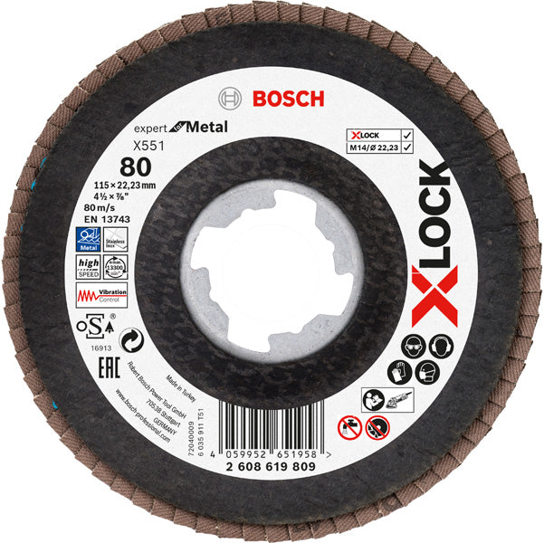 BOSCH X-LOCK lamelna brusna ploča X551, Expert for Metal - X-LOCK flap disk X551 P80 115 mm ugaoni (2608619809)-SBT Alati Beograd