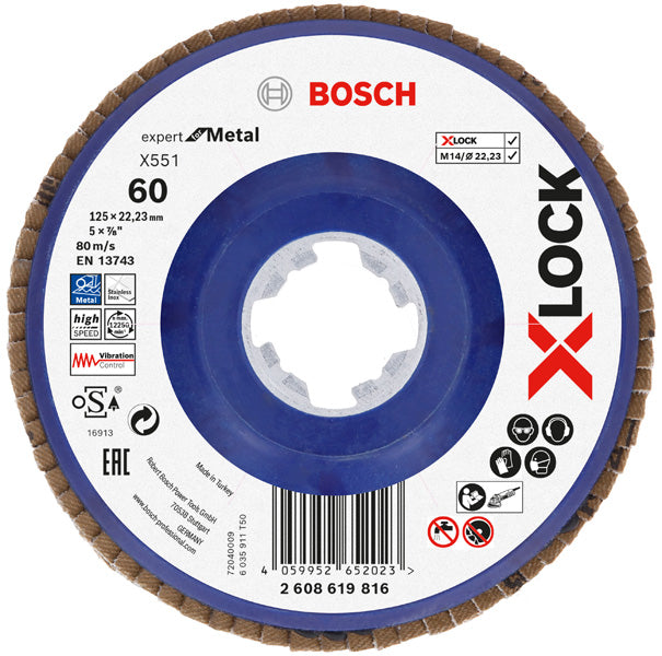 BOSCH X-LOCK lamelna brusna ploča X551, Expert for Metal - X-LOCK flap disk X551 P60 125 mm ravni (2608619816)-SBT Alati Beograd