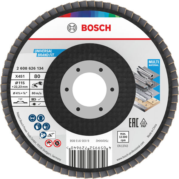 BOSCH X451 lamelna brusna ploča, 115×22,23 mm, G80, T27, 15 delova - Lepezasta brusna ploča X451 115mm T27 G8 (2608626134)-SBT Alati Beograd