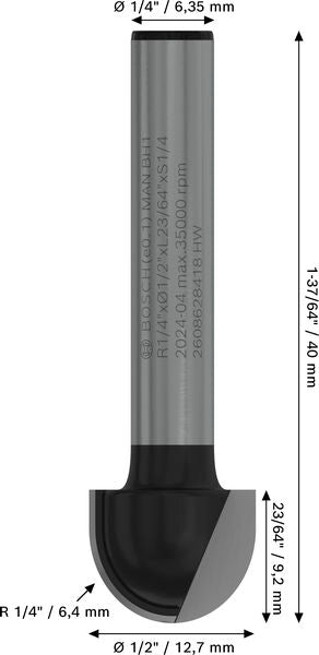 BOSCH PRO glodalo za poluokrugle kanale, R 1/4″, prihvat 1/4″ - Glod.za poluok.kan+vođica 6,35x12,7x40 (2608628418)-SBT Alati Beograd