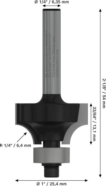 BOSCH PRO glodalo za zaobljavanje, R 1/4", prihvat 1/4" - Glodalo sa četvrt-krakom 6,35x25,4x54 (2608628421)-SBT Alati Beograd