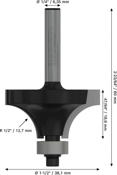 BOSCH PRO glodalo za zaobljavanje, R 1/2", prihvat 1/4" - Glodala za zaobljavanje 6,35x38,1x60 (2608628423)