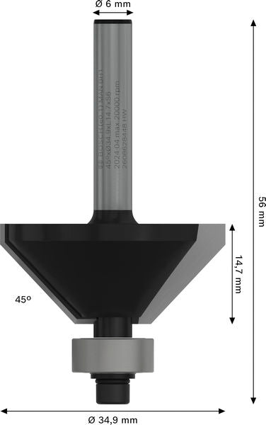 BOSCH PRO glodalo za obaranje ivica, 45°, prihvat 6 mm - Glodalo za ivice 6x34,9x56 (2608628448)-SBT Alati Beograd