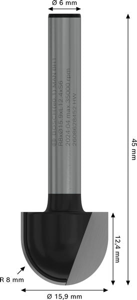 BOSCH PRO glodalo za poluokrugle kanale, R 8, prihvat 6 mm - Glod.za poluok.kan+vođica 6x15,9x45 (2608628452)-SBT Alati Beograd