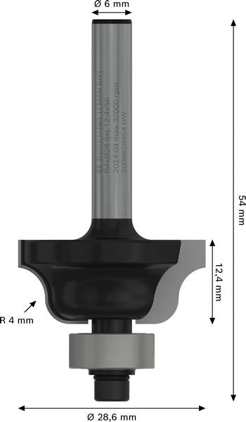 BOSCH PRO nastavak za ukrasno iskošavanje ivica, R 4, prihvat 6 mm - Profilno glodalo 6x28,6x54 (2608628454)-SBT Alati Beograd