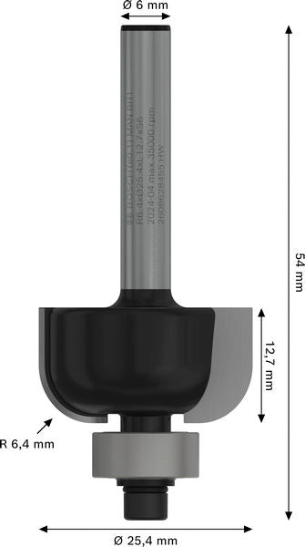 BOSCH PRO glodalo za kanale, R 6,4, prihvat 6 mm - Glod.za poluok.kan+vođica 6x25,4x54 (2608628455)-SBT Alati Beograd