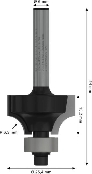 BOSCH PRO glodalo za zaobljavanje, R 6,3, prihvat 6 mm - Profilno glodalo 6x25,4x54 (2608628456)-SBT Alati Beograd