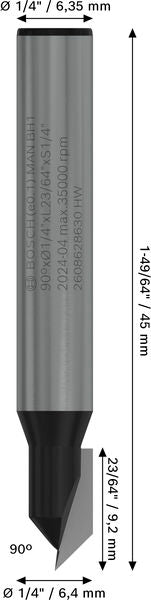 BOSCH PRO glodalo za V-kanale, 90°×Ø 1/4", prihvat 1/4" - V-glodalo za žljebove 6,35x6,3x45 (2608628630)-SBT Alati Beograd