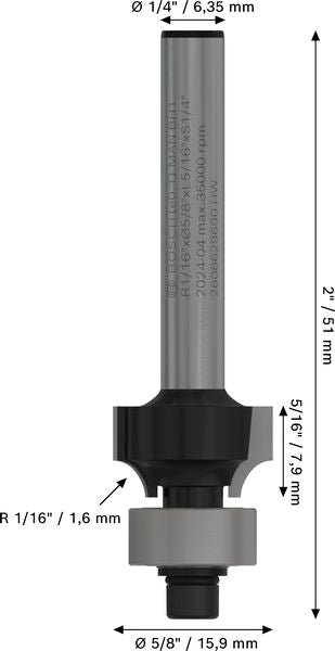 BOSCH PRO glodalo za zaobljavanje, R 1/16", prihvat 1/4" - Glodala za zaobljavanje Roundover (2608629690)-SBT Alati Beograd