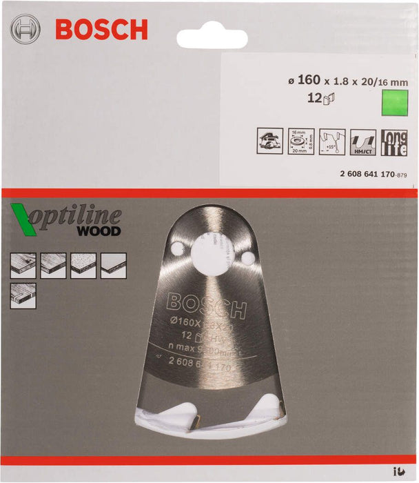 Bosch list kružne testere Optiline Wood 160 x 20/16 x 1,8 mm, 12 - 2608641170