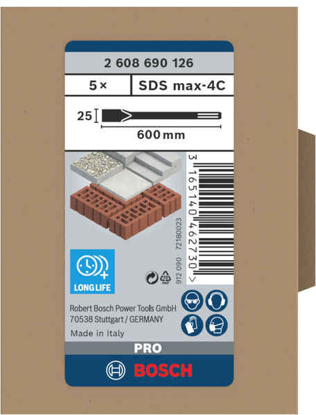 BOSCH PRO SDS max-4C pljosnato dleto, 25×600 mm, 5 kom. - SEKAČ SDS-MAX RAVNI 25x600 mm 5 kom (2608690126)-SBT Alati Beograd