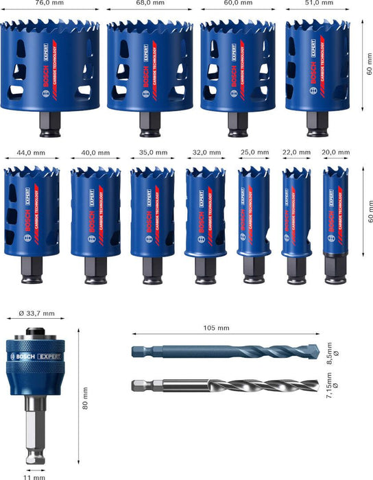 Bosch Komplet EXPERT Tough Material testera za otvore od 20/22/25/32/35/40/44/51/60/68/76 mm, 14 delova - 2608900448