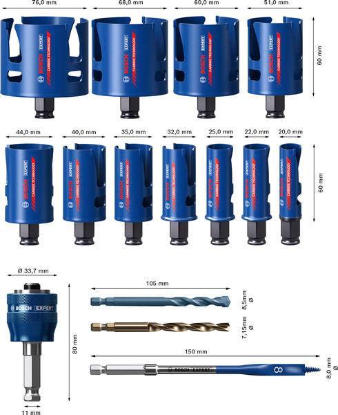 BOSCH EXPERT Construction Material Power Change Plus set testera za otvore, 20; 22; 25; 32; 35; 40; 44; 51; 60; 68; 76×60 mm, 15 delova - Testera za otvore P CM T 15p Set (2608901950)-SBT Alati Beograd