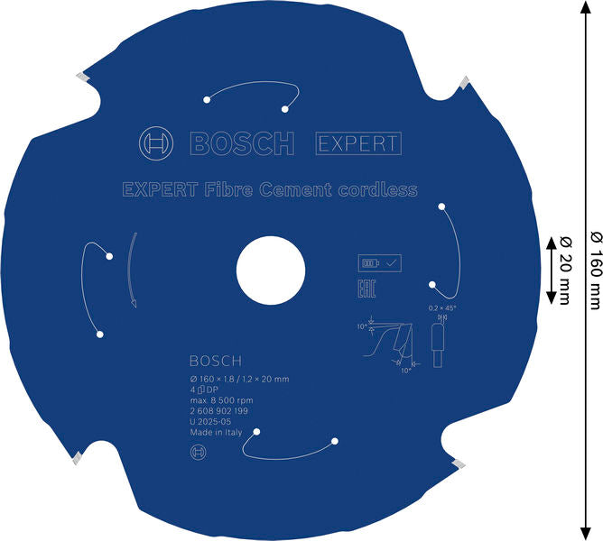 BOSCH EXPERT Fibre Cement aku list kružne testere, 160×1,8/1,2×20 mm, T4 - List kružne testere EX FC H 160x20-4 (2608902199)