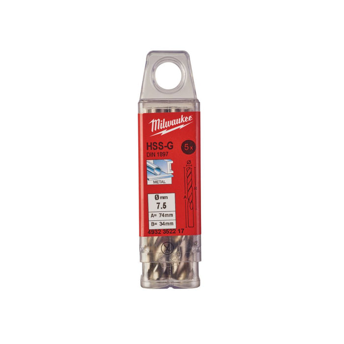Milwaukee Set burgija za metal, kratka, HSS-G, 7,5 x 34/74 mm, 5 kom, 4932352217