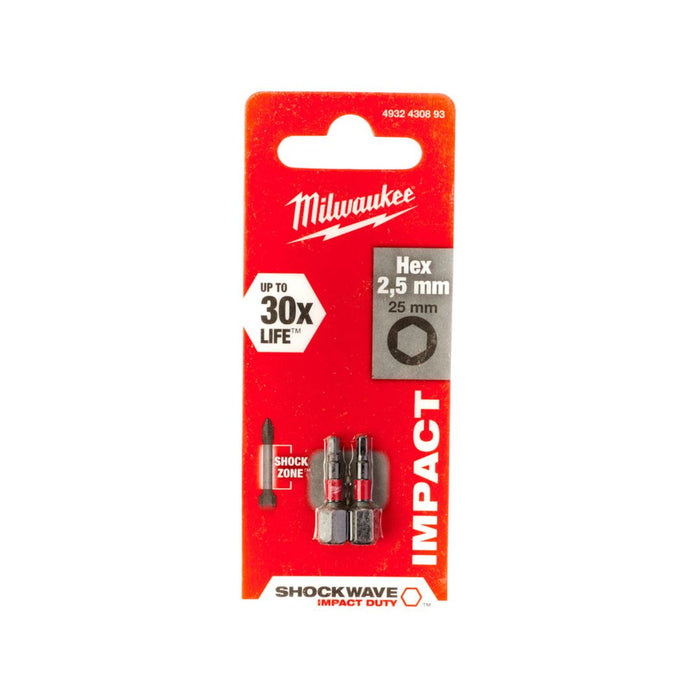 Milwaukee Udarni bitovi HEX 2,5 x 25 mm, Shockwave, 2 kom, 4932430893