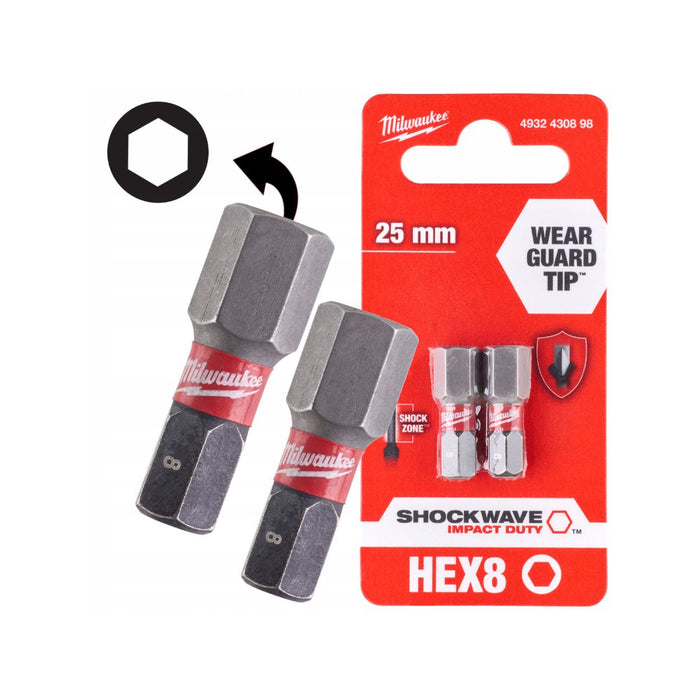 Milwaukee Udarni bitovi HEX 8 x 25 mm, Shockwave, 2 kom, 4932430898